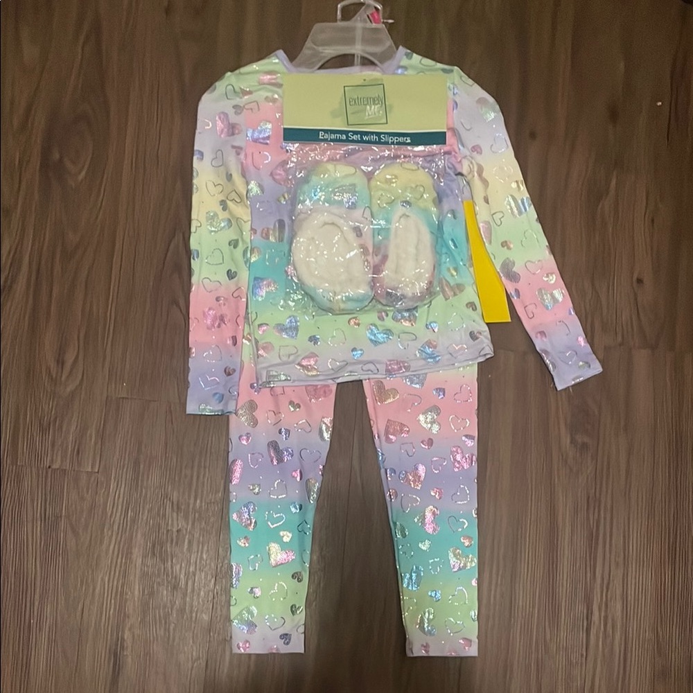 Pastel Heart Kids Pajama Set with Slippers